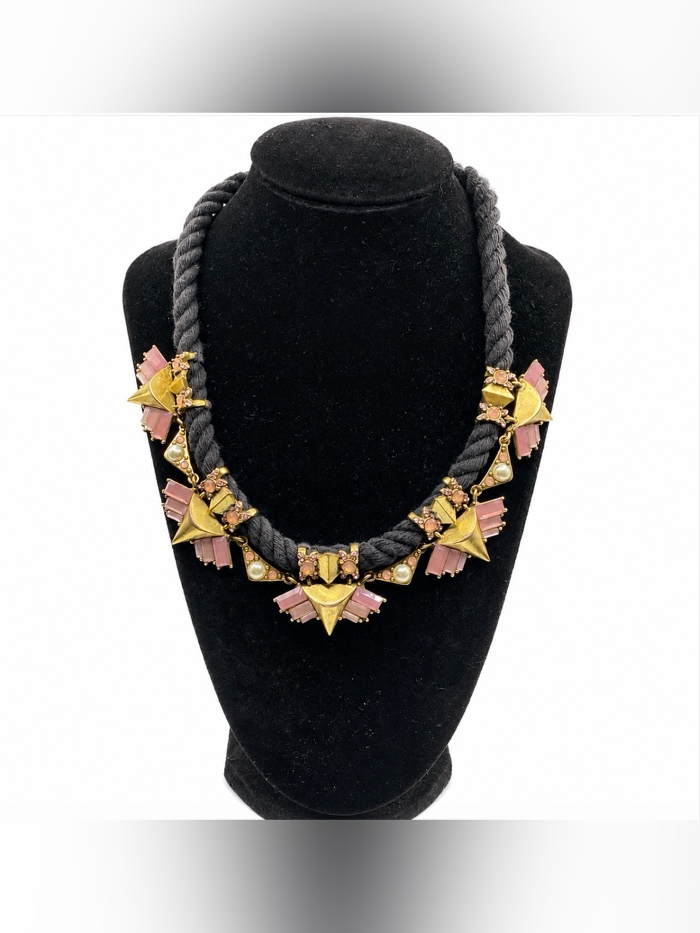 J Crew Black Cord Matte Gold Tone Pink Rhinestone Necklace - Picture 4 of 7